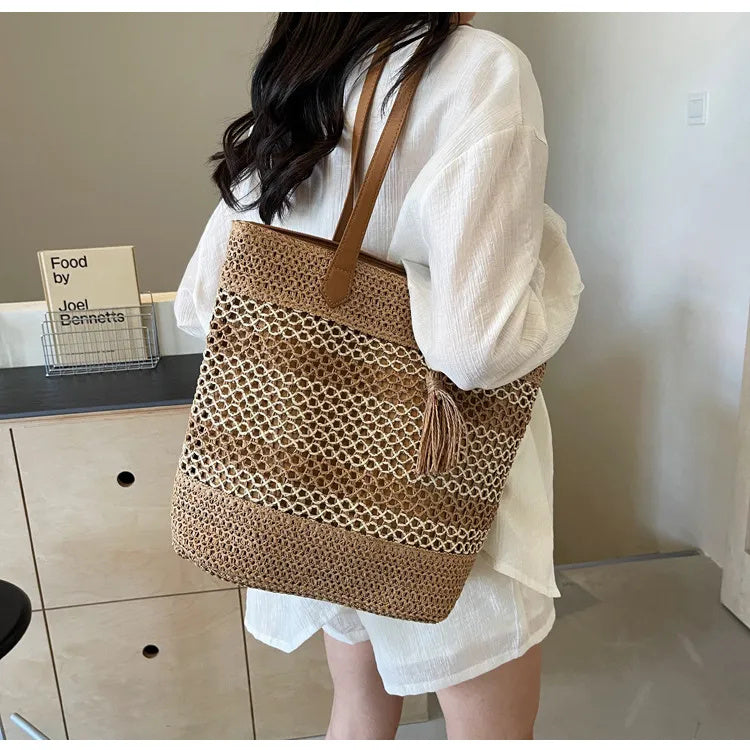 Kenike brown stripe straw beach bag with tassel pendant variant