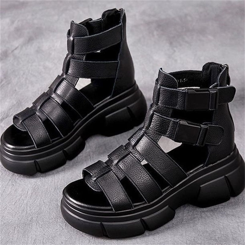 Kenike black hollow-out platform retro sandals variant