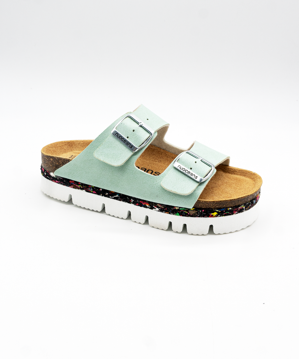 Nuoceans BUBBLES aqua blue recycled vegan leather platform sandal angled view