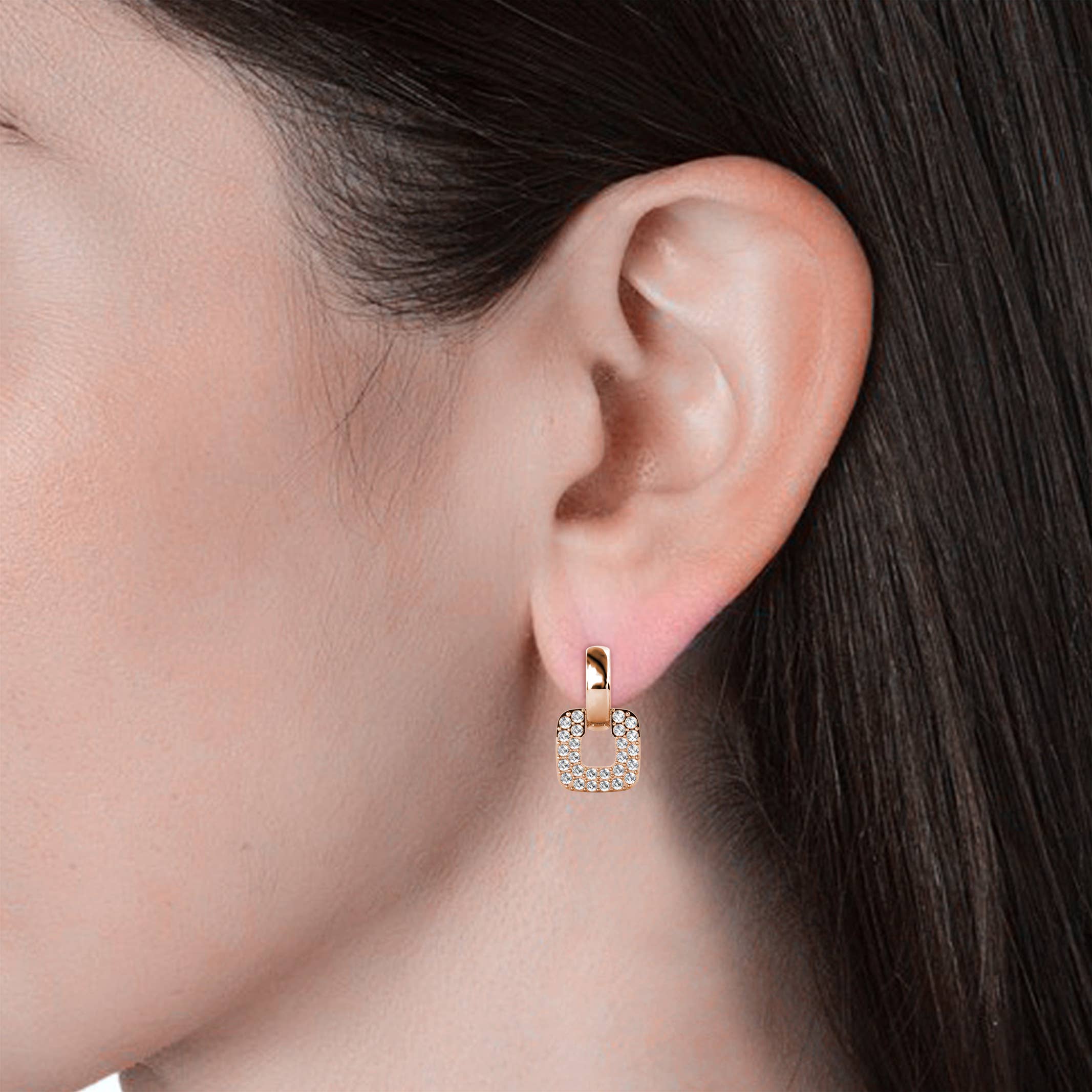 Rose gold classic square earrings angled view