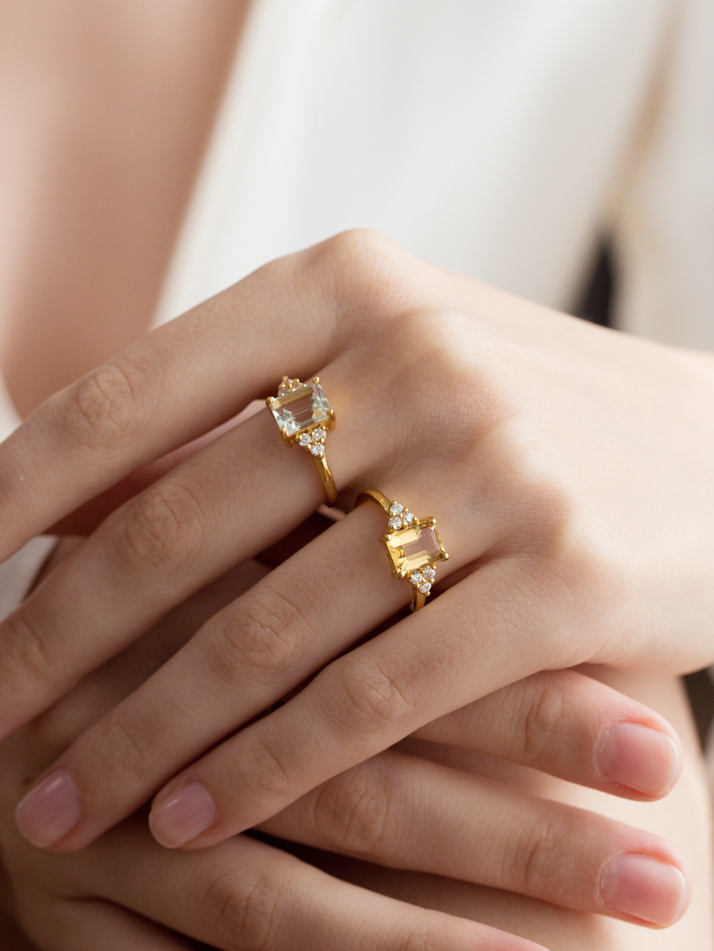 Citrine emerald cut ring in 18k gold vermeil with green amethyst ring