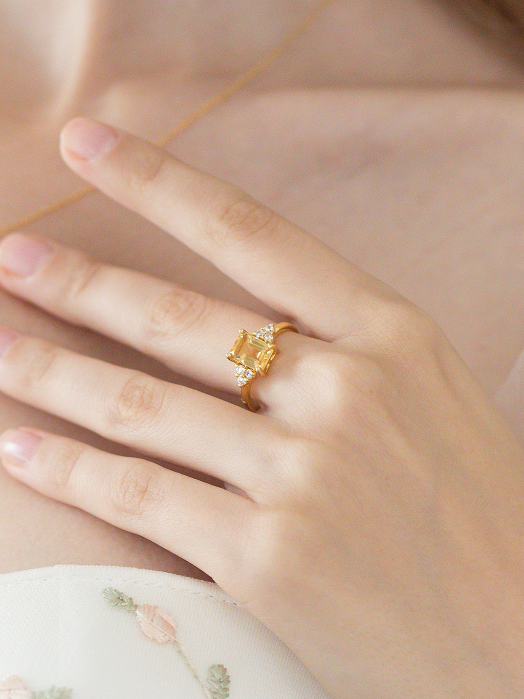 Citrine emerald cut ring and necklace in 18k gold vermeil model image