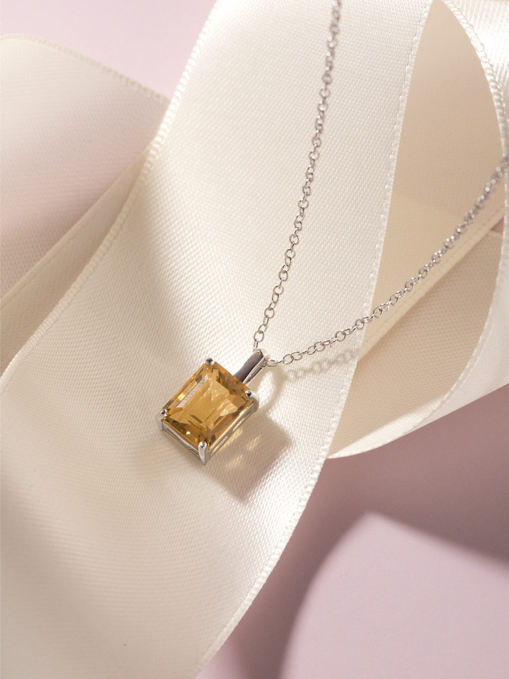 Citrine emerald cut pendant necklace in sterling silver detail image
