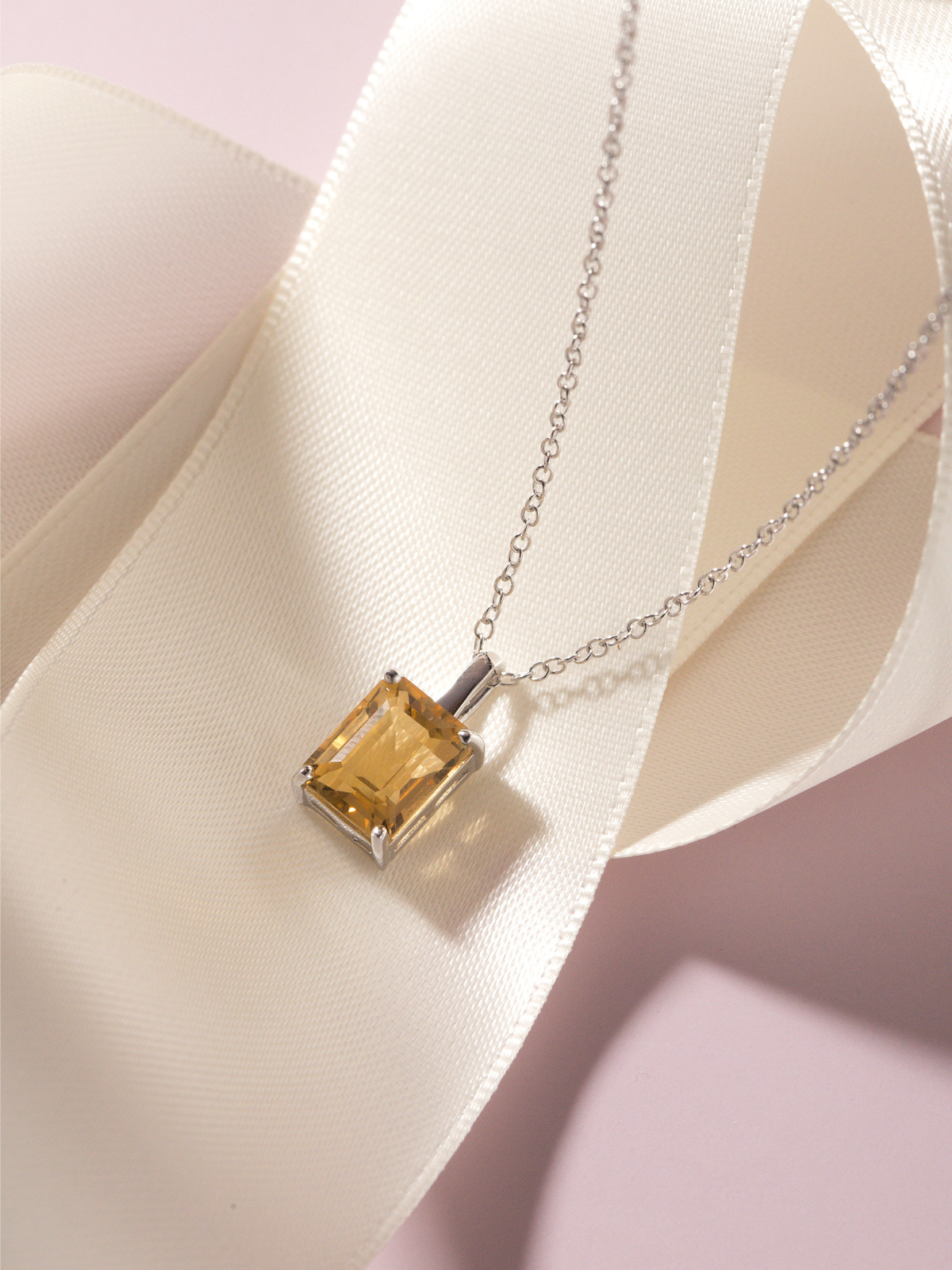 Citrine emerald cut pendant necklace in sterling silver detail image