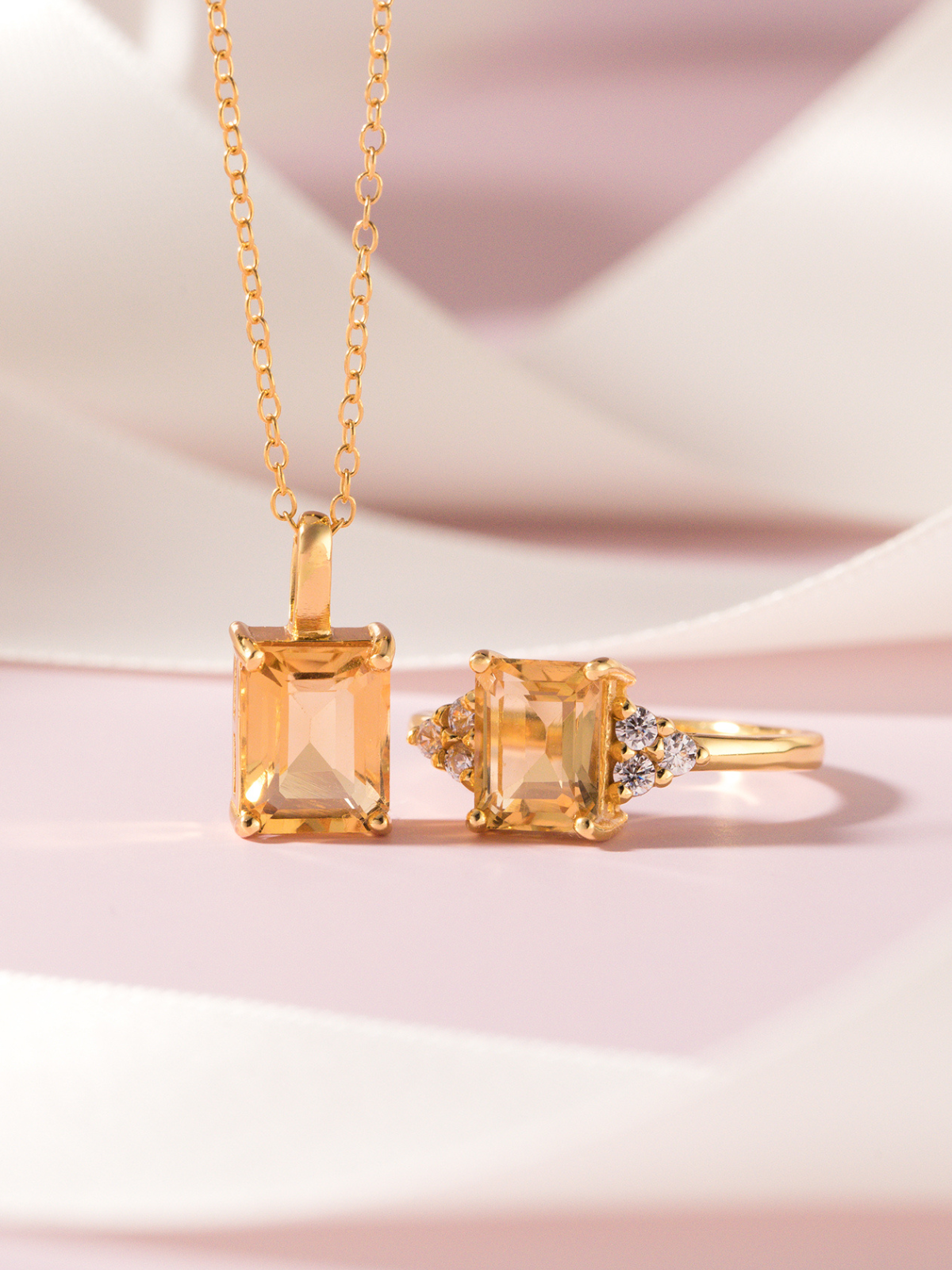 Citrine emerald cut ring and necklace in 18k gold vermeil