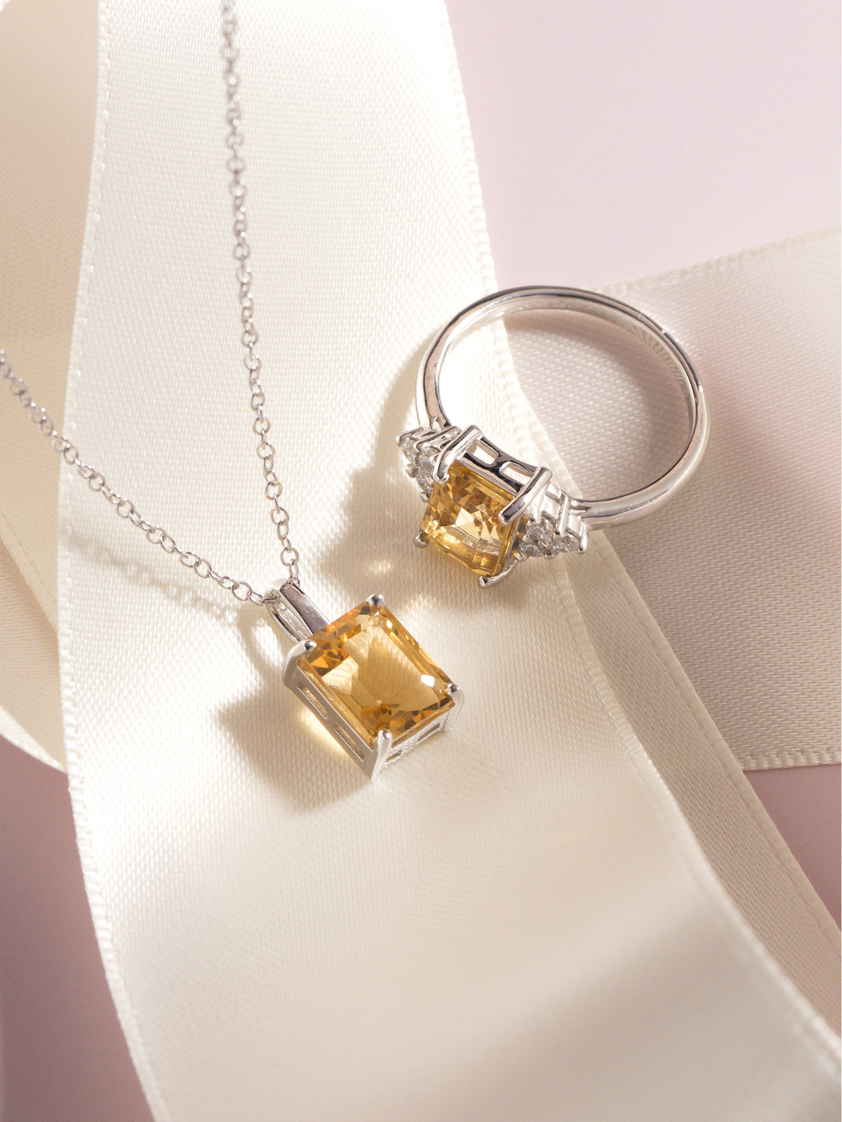 Citrine emerald cut ring and necklace in sterling silver