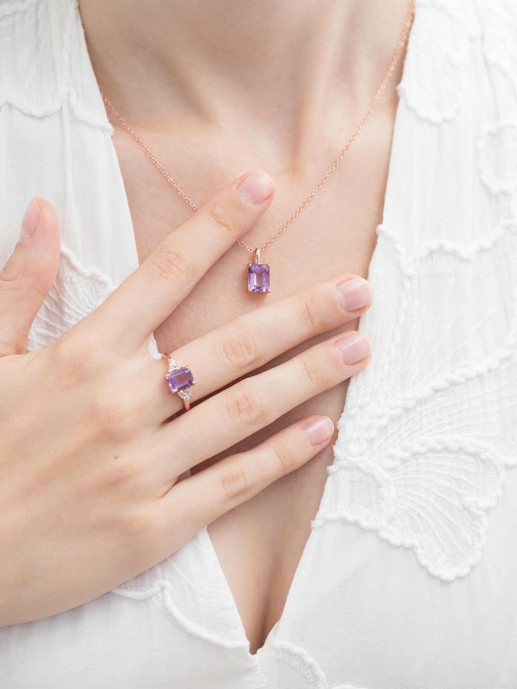 Lavender amethyst emerald cut ring and necklace in 18k rose gold vermeil on model