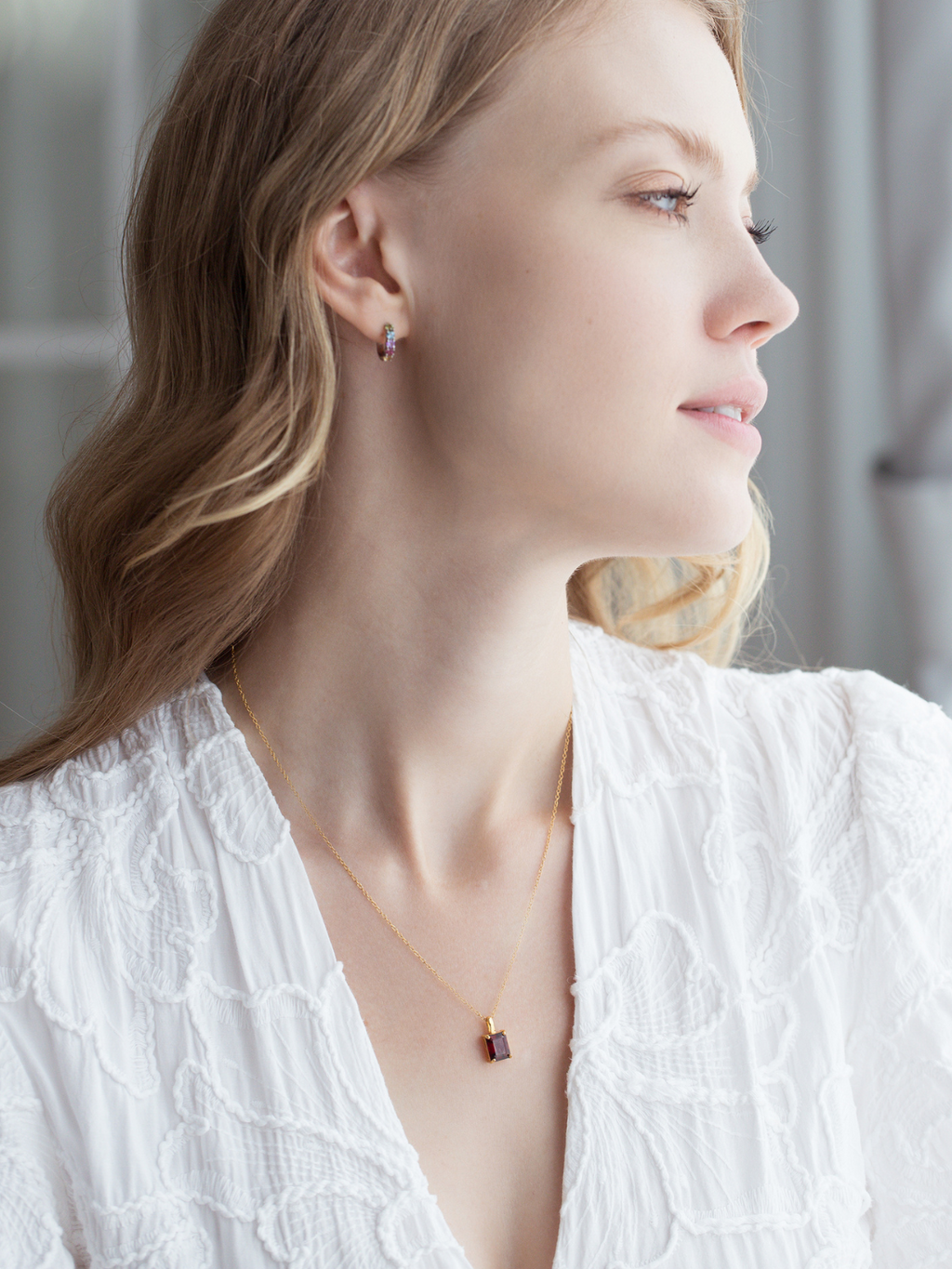 Garnet emerald cut pendant necklace in 18k gold vermeil model image