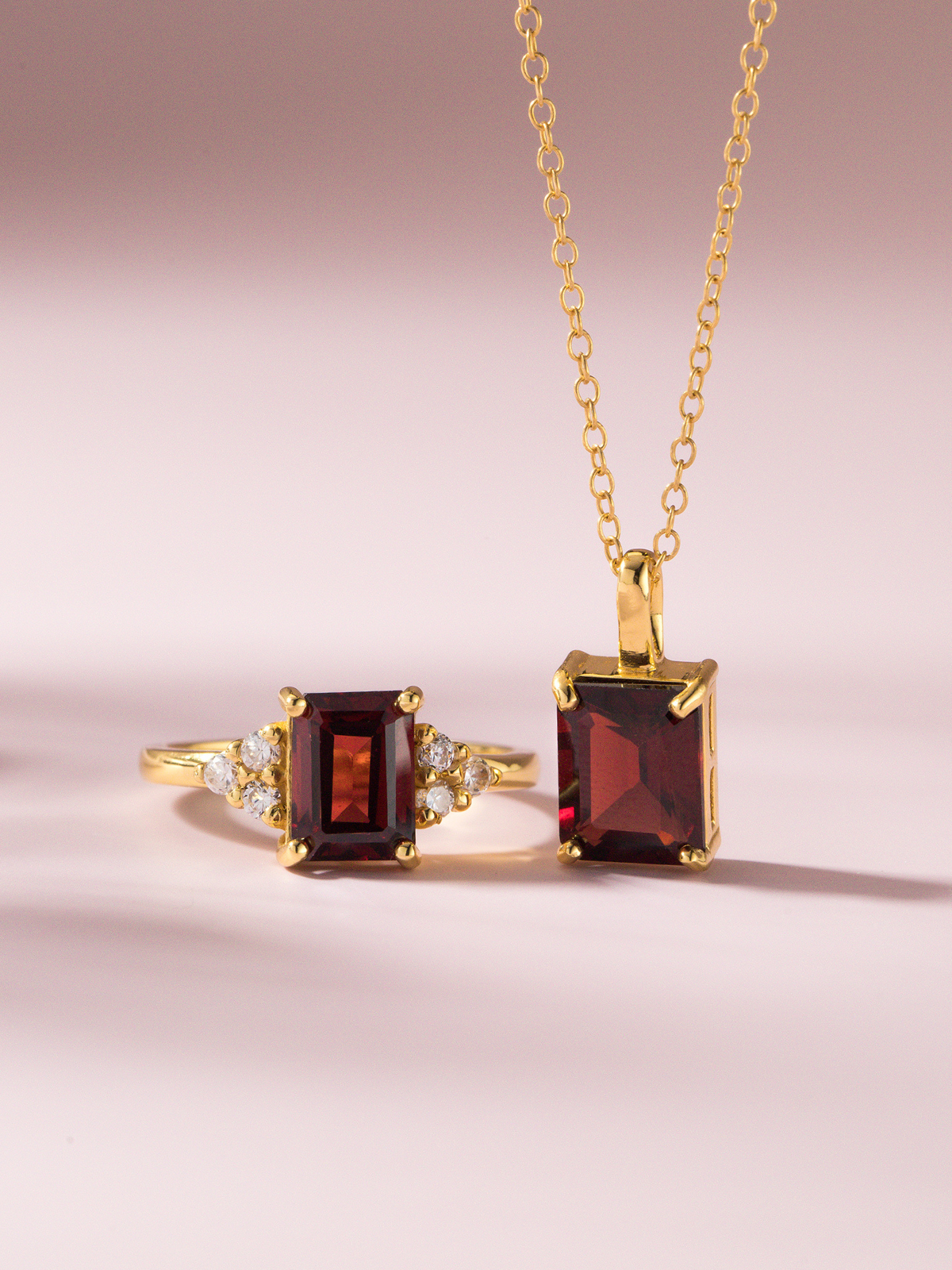 Garnet emerald cut ring and necklace in 18k gold vermeil