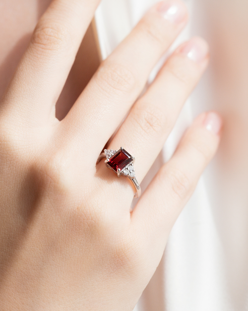 Garnet emerald cut ring in sterling silver model image