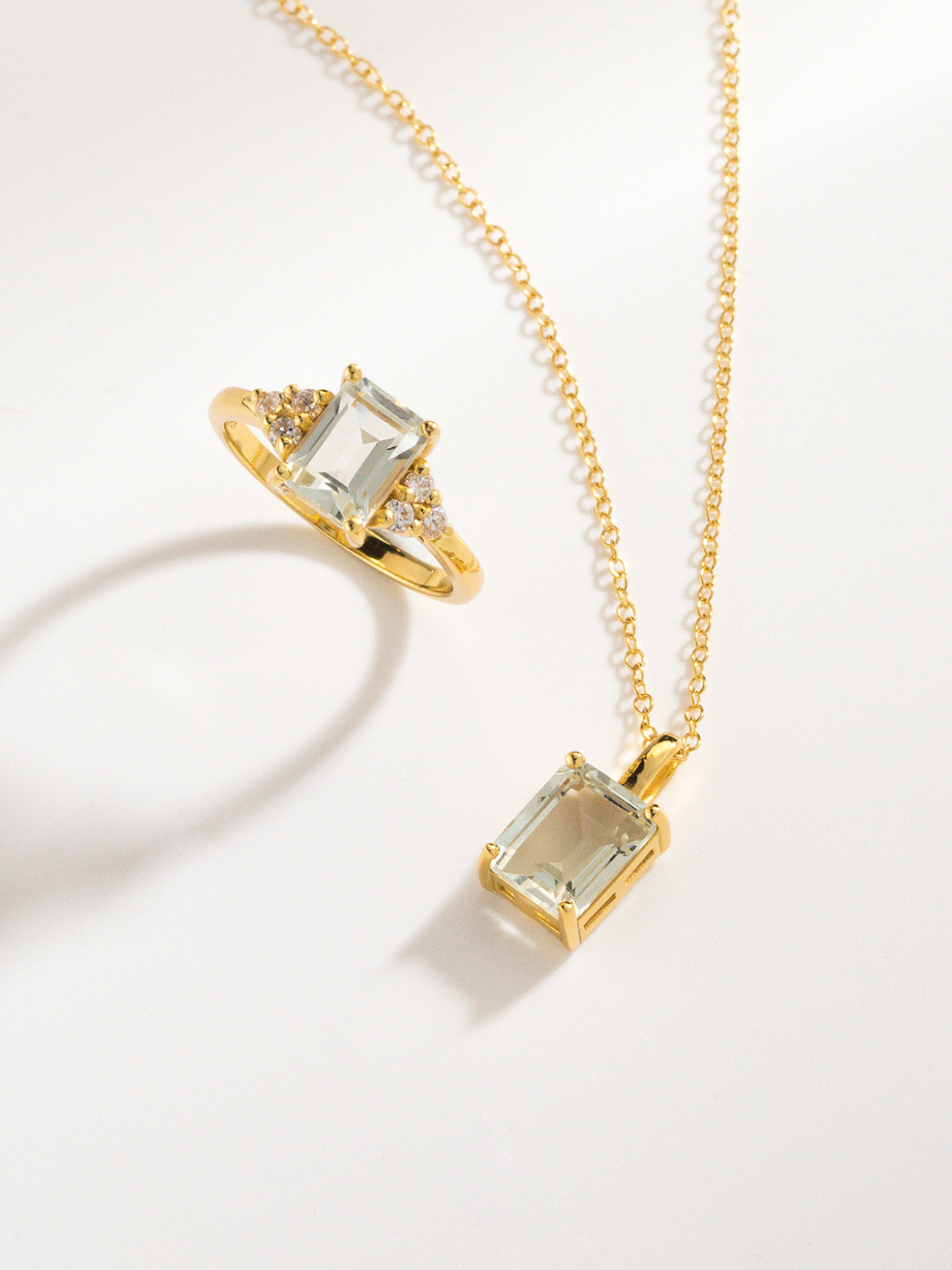 Green amethyst emerald cut ring and necklace in 18k gold vermeil