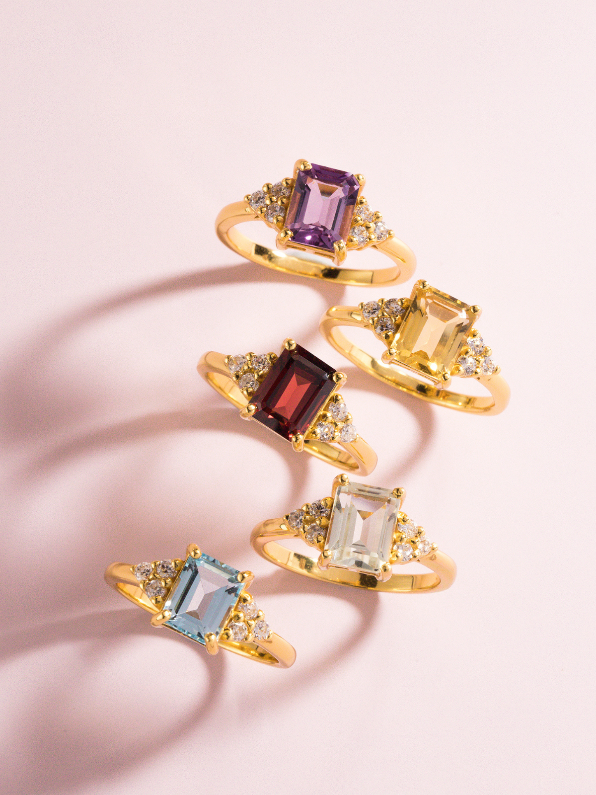 Emerald cut rings group image in 18k gold vermeil