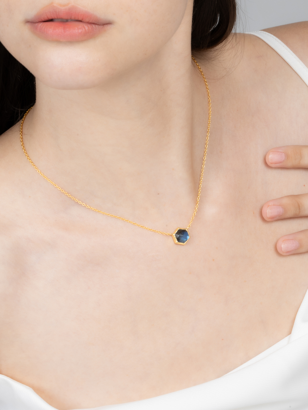 Labradorite hexagon pendant necklace in 18k gold vermeil styled image