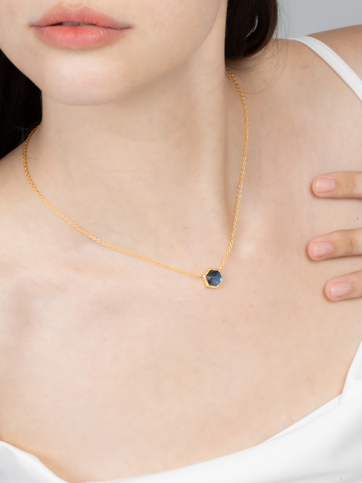 Labradorite hexagon pendant necklace in 18k gold vermeil styled image