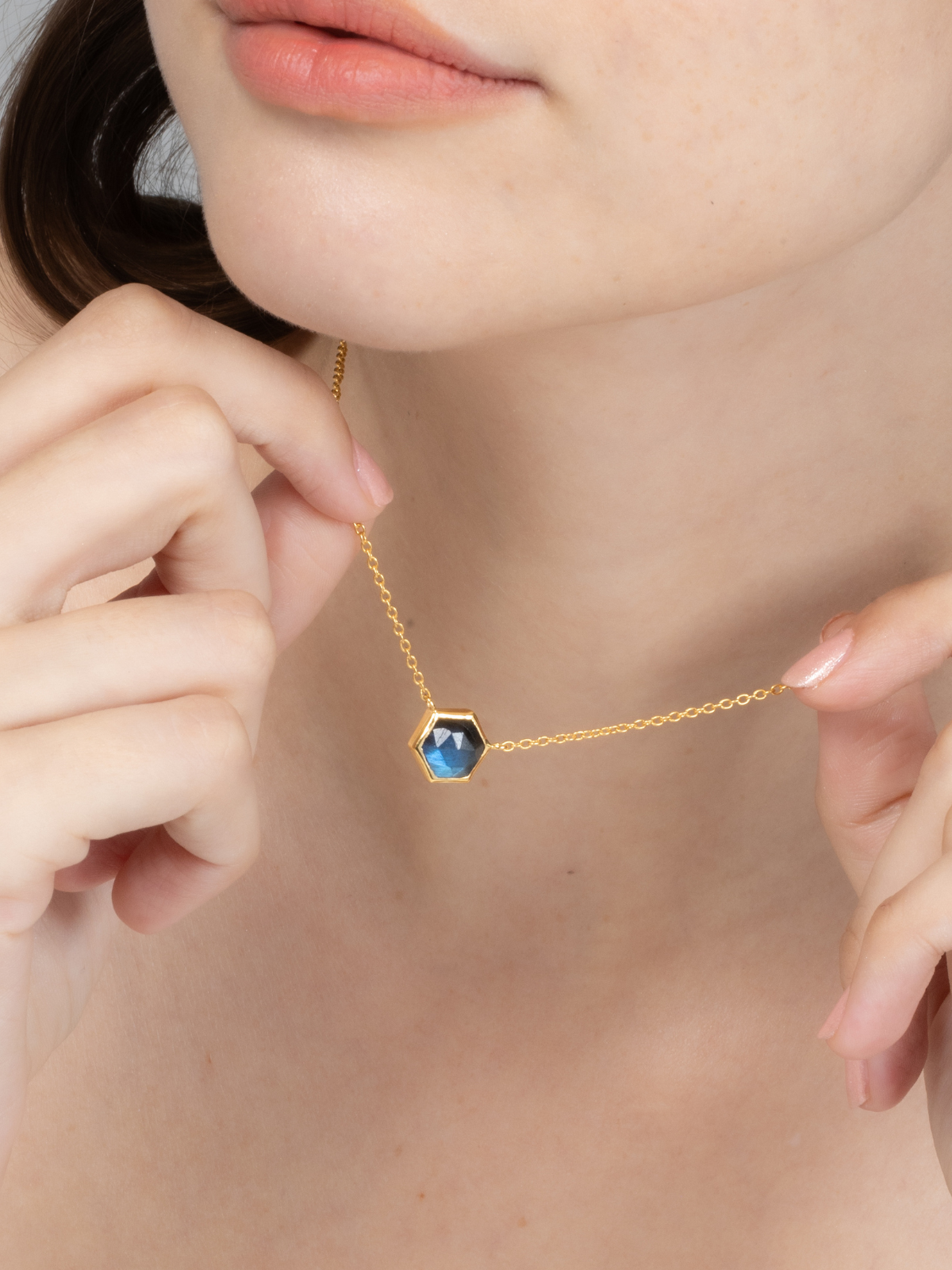 Hexagon labradorite necklace in 18k gold vermeil detail image