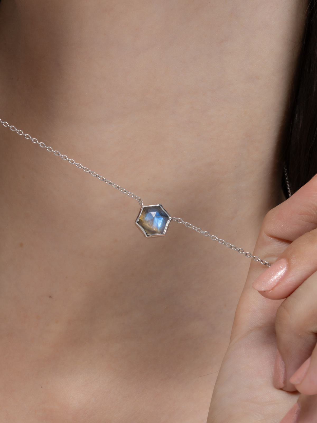 Hexagon labradorite necklace in sterling silver detail image