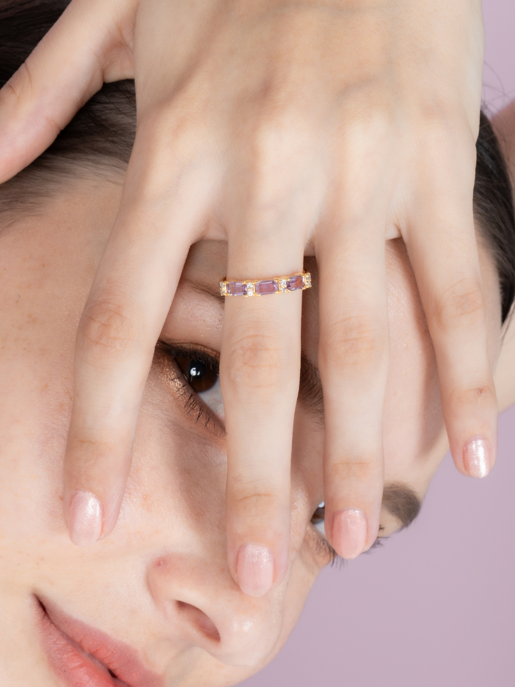 Lavender amethyst emerald cut eternity ring in 18k gold vermeil side detail image