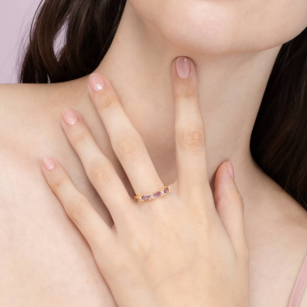 Lavender amethyst emerald cut eternity ring in 18k gold vermeil detail image
