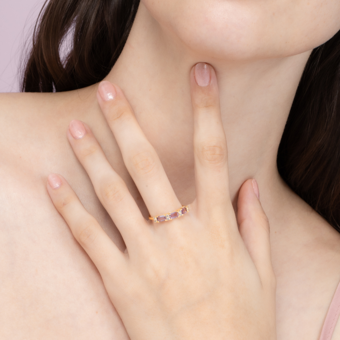 Lavender amethyst emerald cut eternity ring in 18k gold vermeil detail image