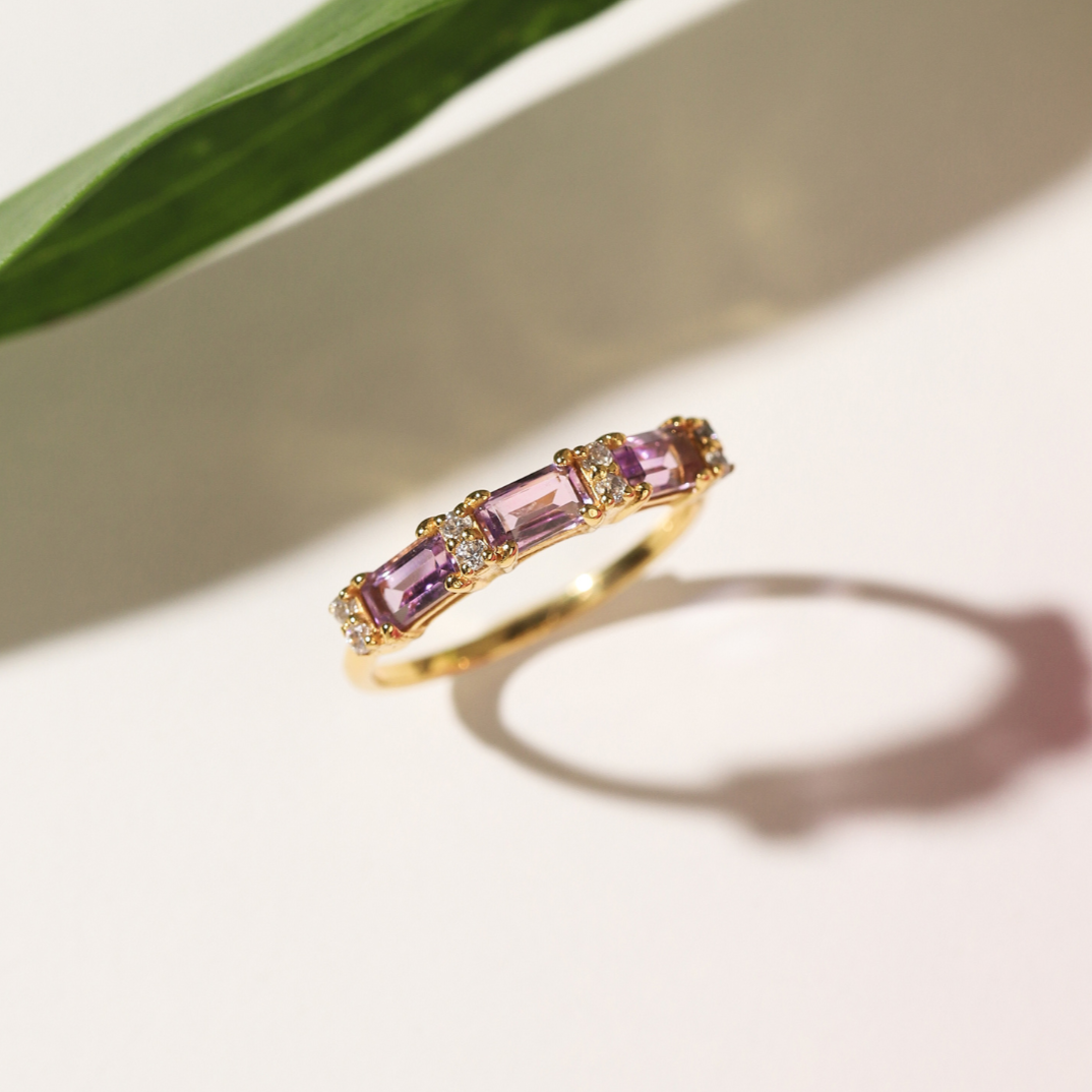 Lavender amethyst emerald cut eternity ring in 18k gold vermeil lifestyle image