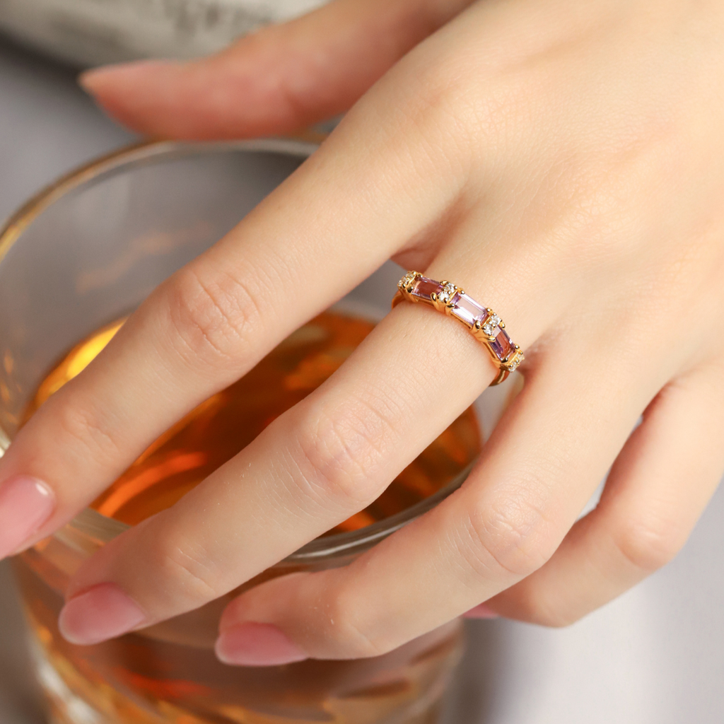 Lavender amethyst emerald cut eternity ring in 18k gold vermeil styled image