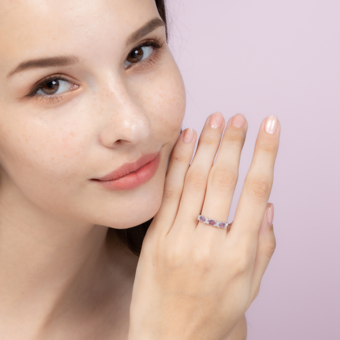 Lavender amethyst emerald cut eternity ring in sterling silver side detail image