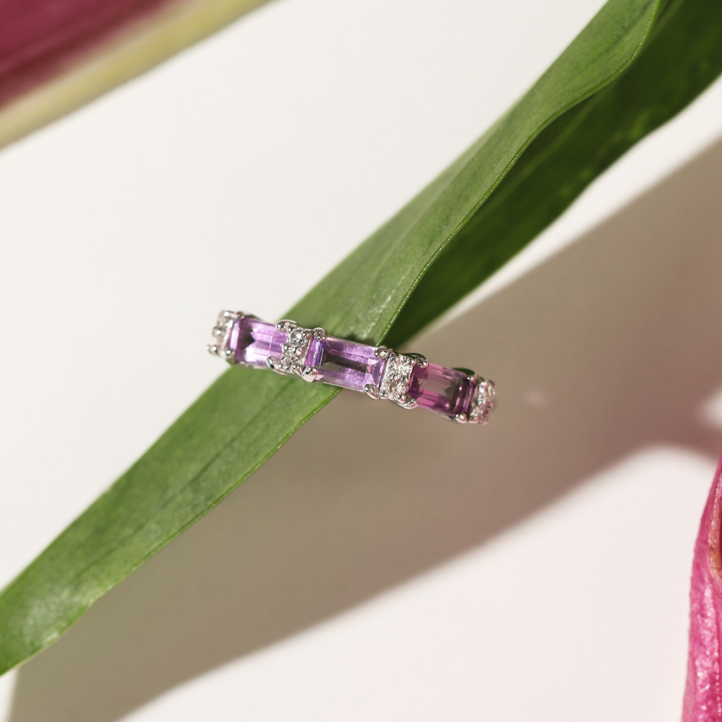 Lavender amethyst emerald cut eternity ring in sterling silver lifestyle image