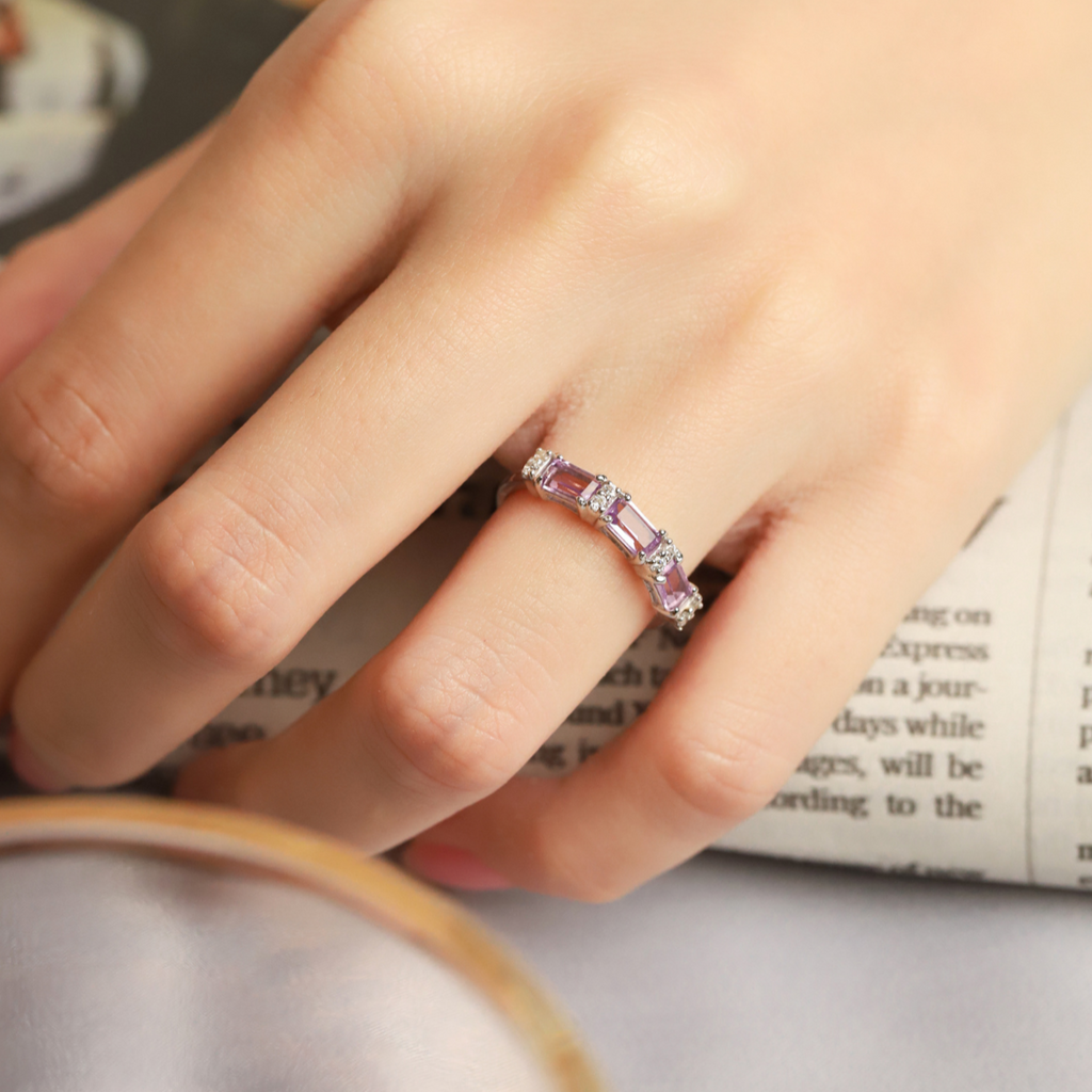 Lavender amethyst emerald cut eternity ring in sterling silver styled image