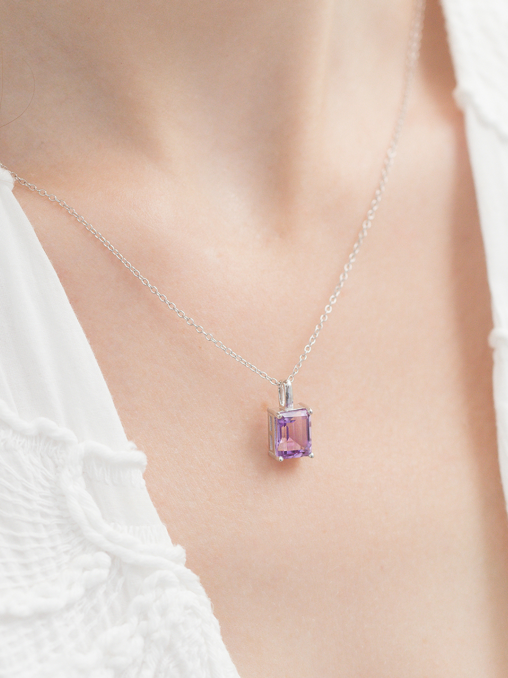 Lavender amethyst emerald cut pendant necklace in sterling silver model image