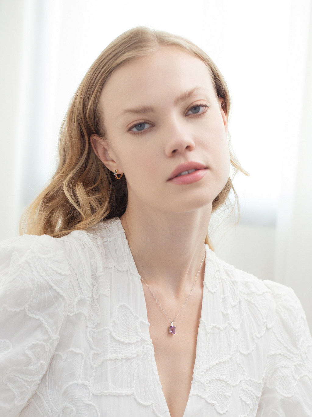 Lavender amethyst emerald cut pendant necklace in sterling silver on model