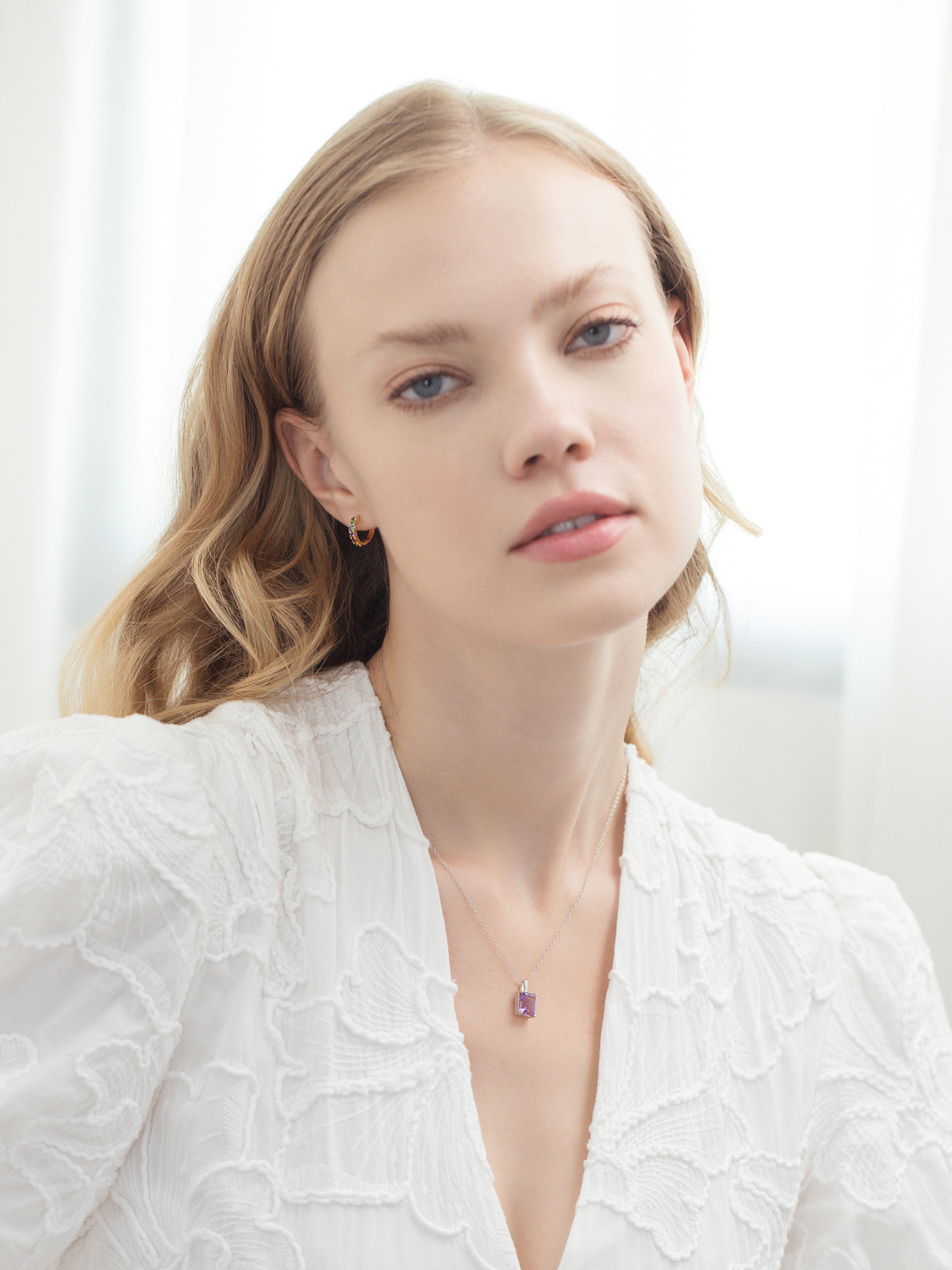 Lavender amethyst emerald cut pendant necklace in sterling silver on model