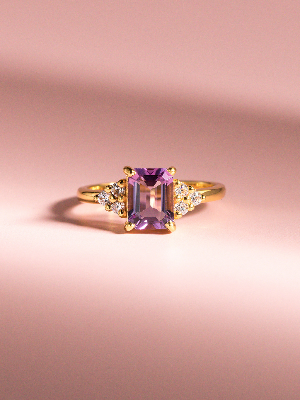 Lavender amethyst emerald cut ring in 18k gold vermeil detail image