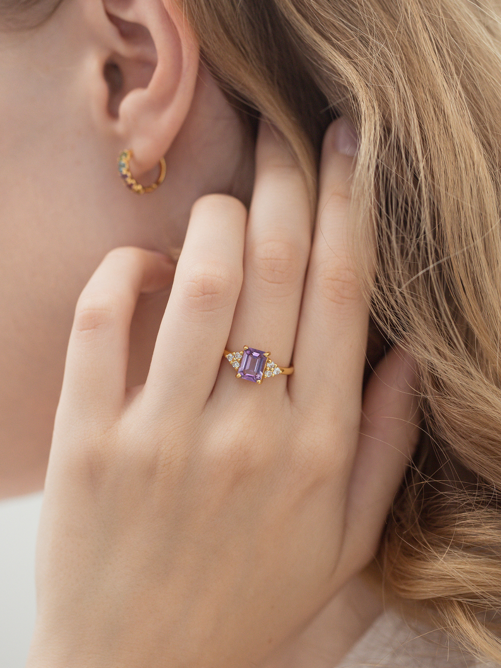 Lavender amethyst emerald cut ring in 18k gold vermeil on model