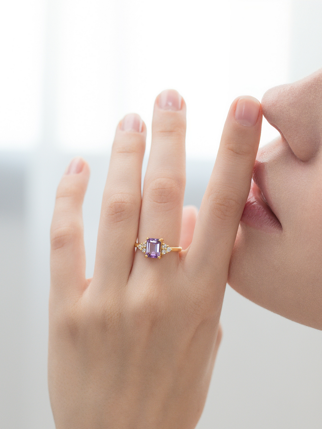 Lavender amethyst emerald cut ring in 18k gold vermeil lifestyle image