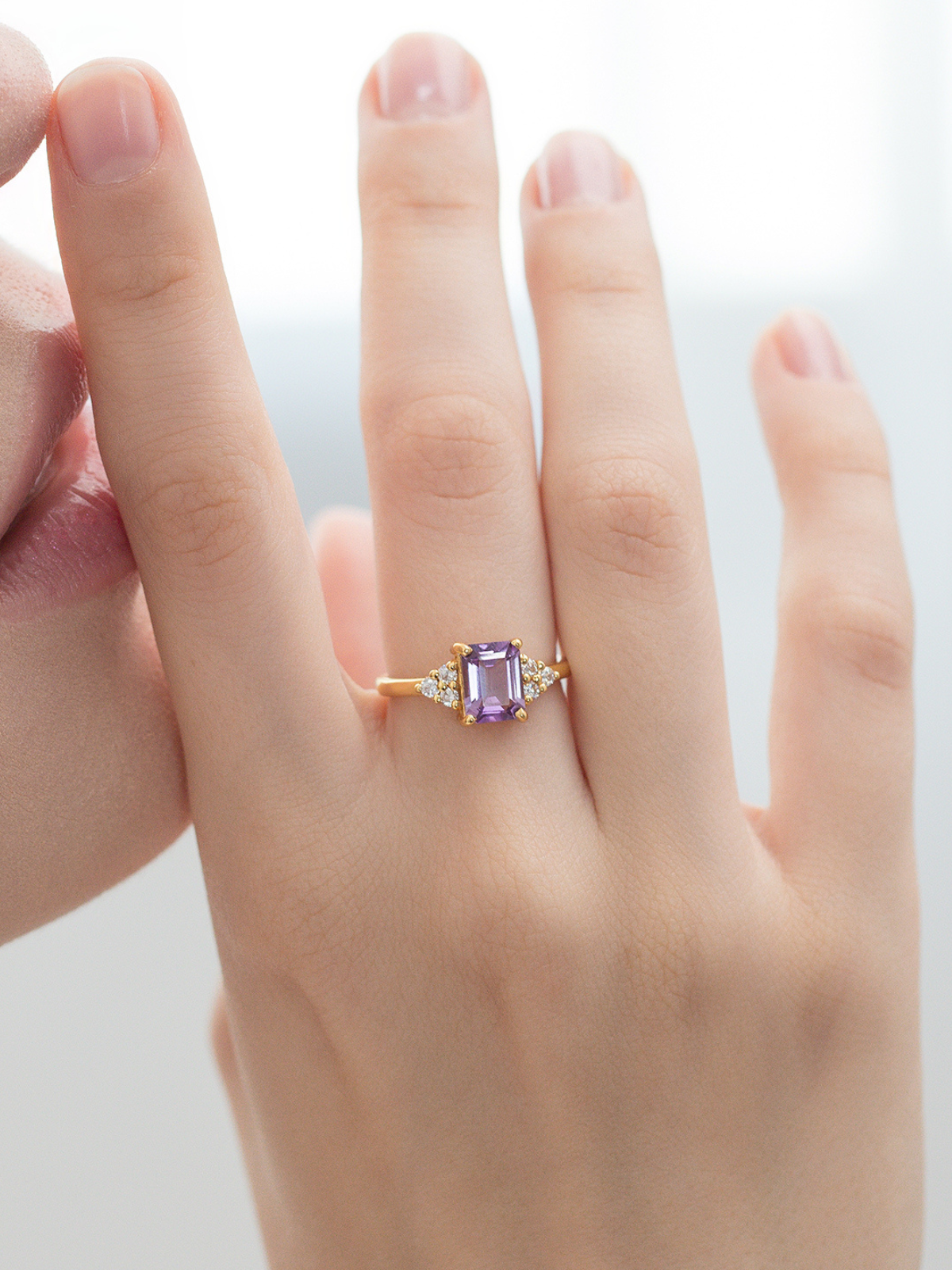 Lavender amethyst emerald cut ring in 18k gold vermeil model image