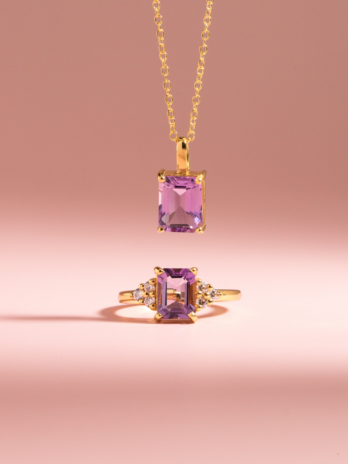 Lavender amethyst emerald cut ring and necklace in 18k gold vermeil