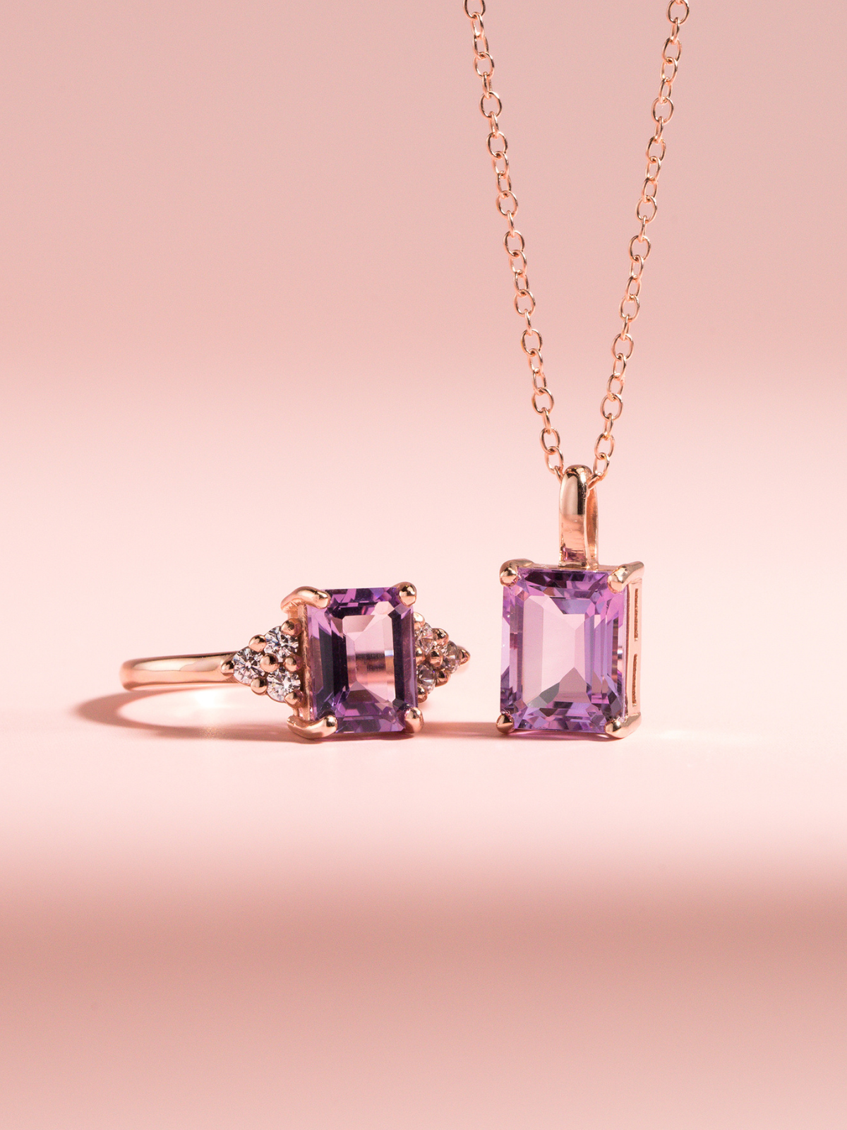 Lavender amethyst emerald cut ring and necklace in 18k rose gold vermeil