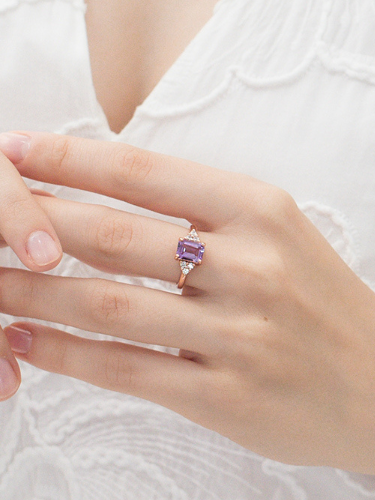 Lavender amethyst emerald cut ring and necklace in 18k rose gold vermeil model image