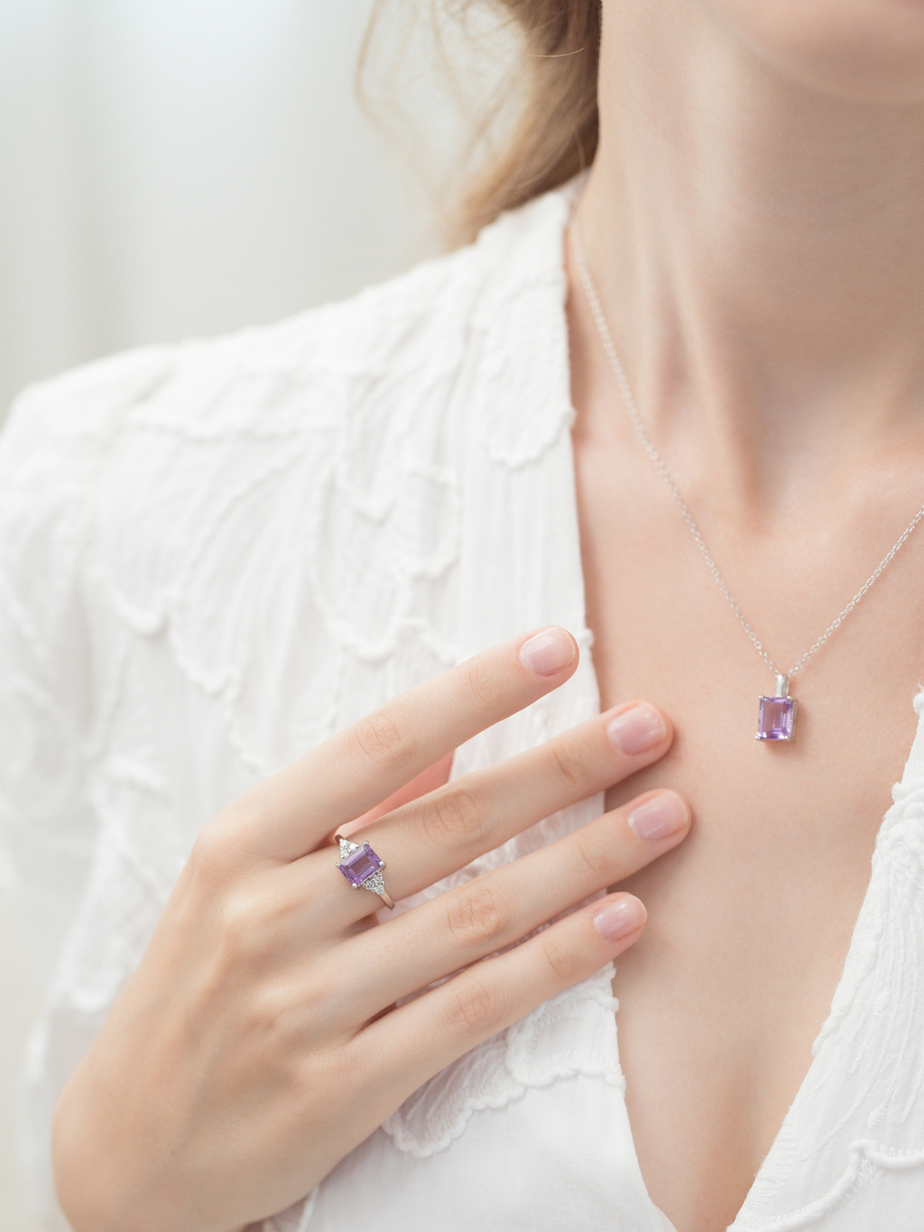 Lavender amethyst emerald cut ring and necklace in sterling silver on model