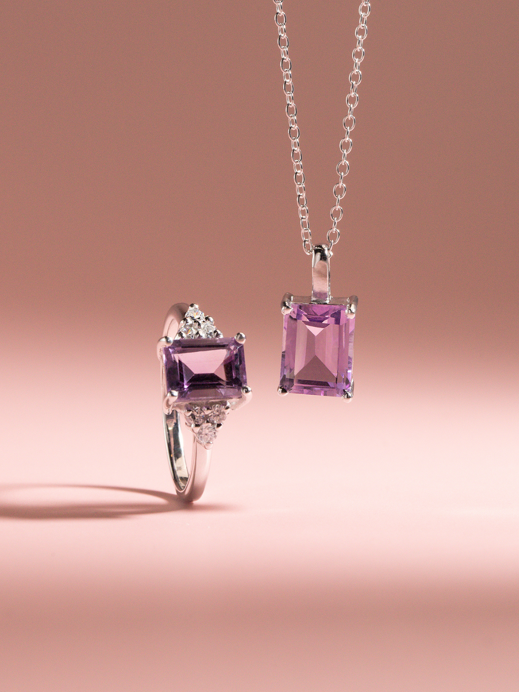 Lavender amethyst emerald cut ring and necklace in sterling silver