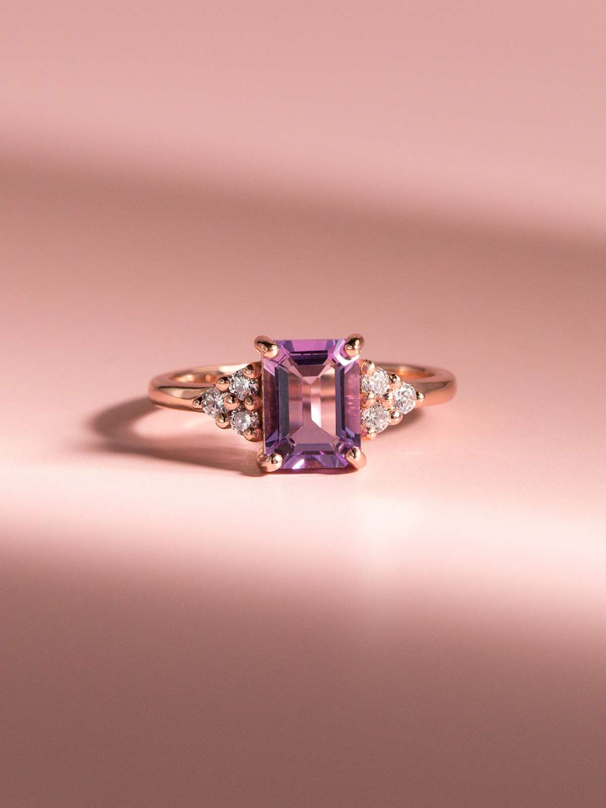 Lavender amethyst emerald cut ring in 18k rose gold vermeil detail image