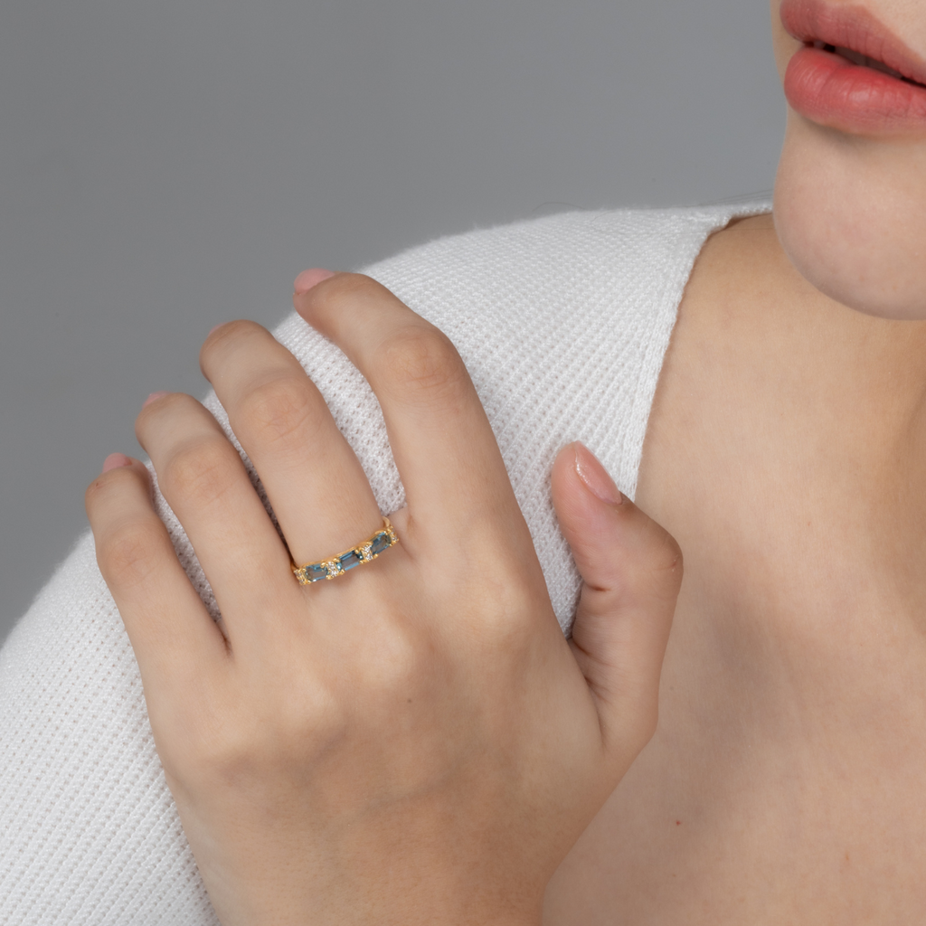 London blue topaz emerald cut eternity ring detail image