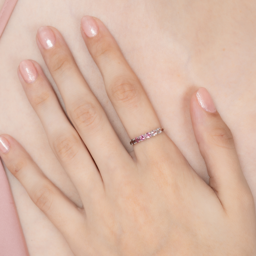 Ombre pink tourmaline eternity band in sterling silver detail image