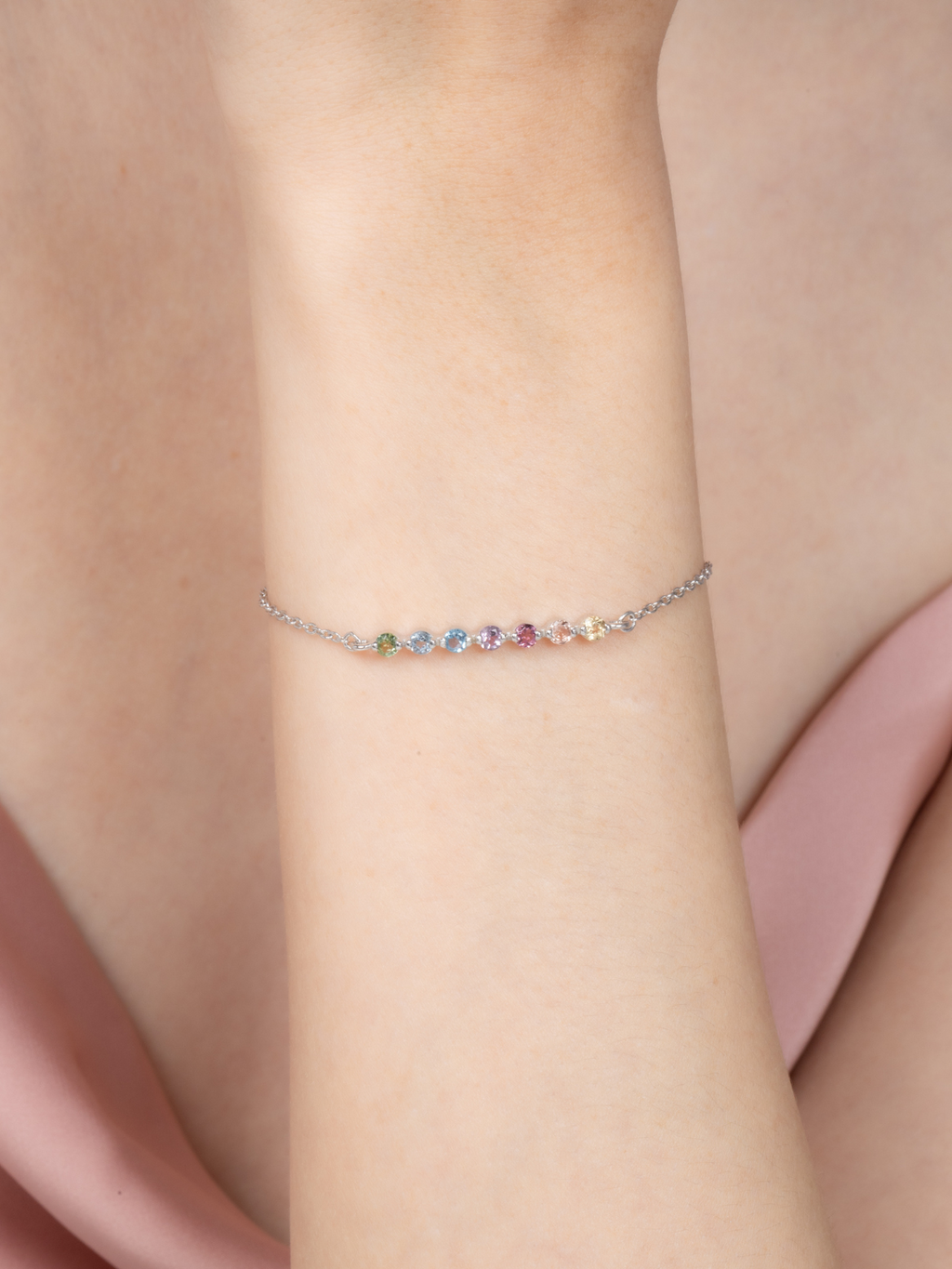 Pastel rainbow gemstone bracelet in sterling silver detail image