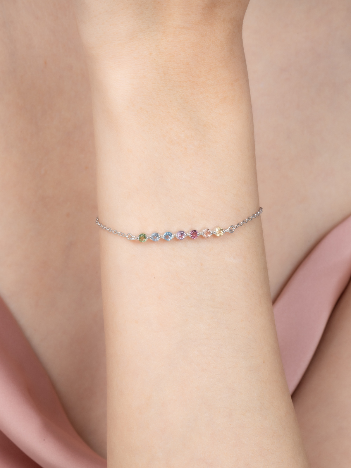 Pastel rainbow gemstone bracelet in sterling silver detail image