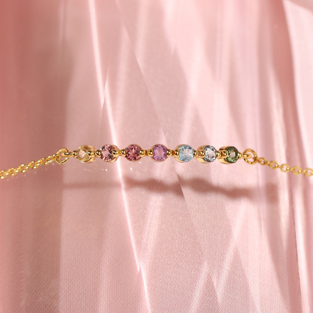 Pastel rainbow gemstone bracelet in 18k gold vermeil lifestyle image