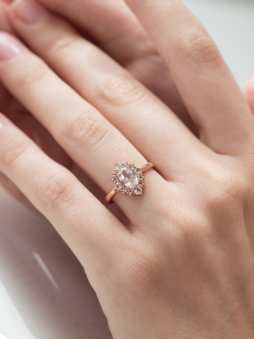 Pink morganite halo ring in 18k rose gold vermeil model image