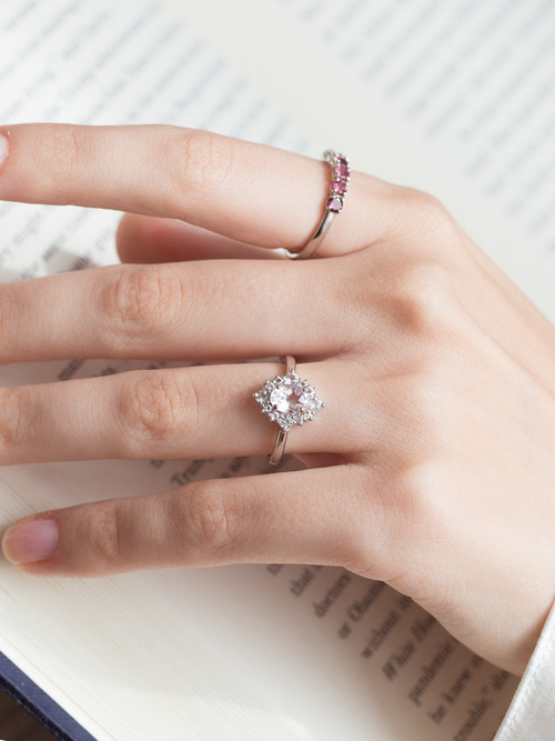 Pink morganite halo ring in sterling silver model image