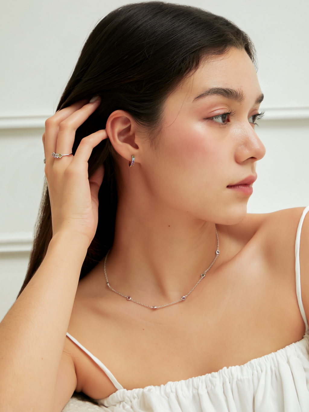 Rainbow gemstone necklace in sterling silver lifestyle image