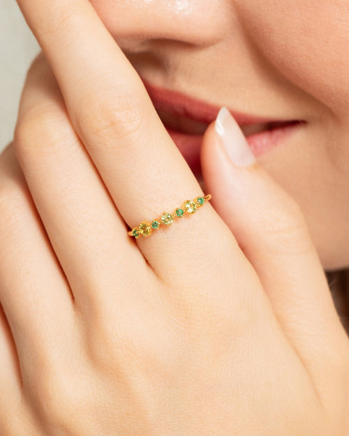 Vianne Jewellery emerald and peridot eternity ring in 18k gold vermeil shown on model